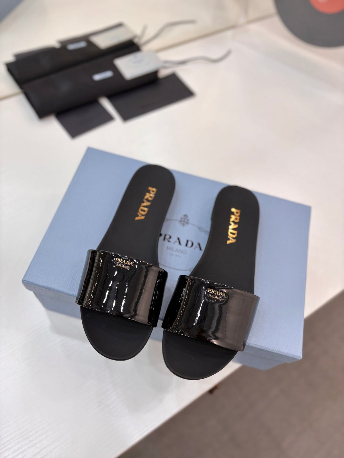 Prada Slides Black Patent Leather 834596