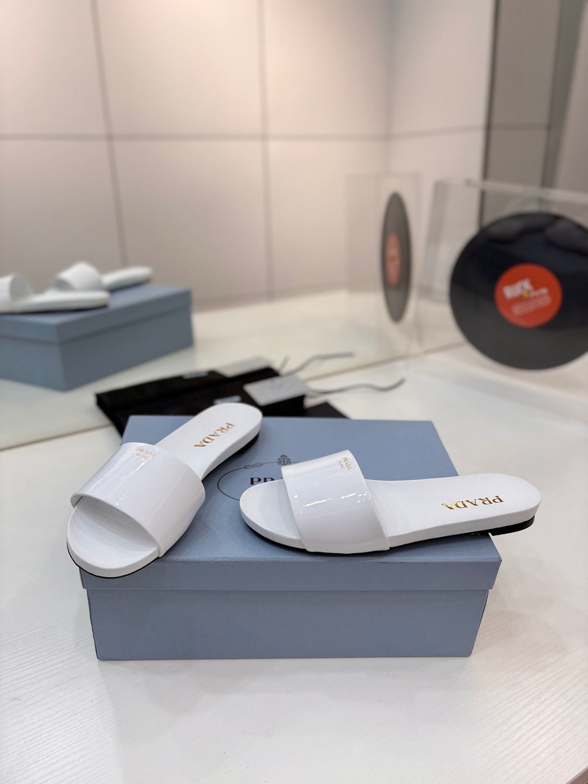 Prada Slides White Patent Leather 834597