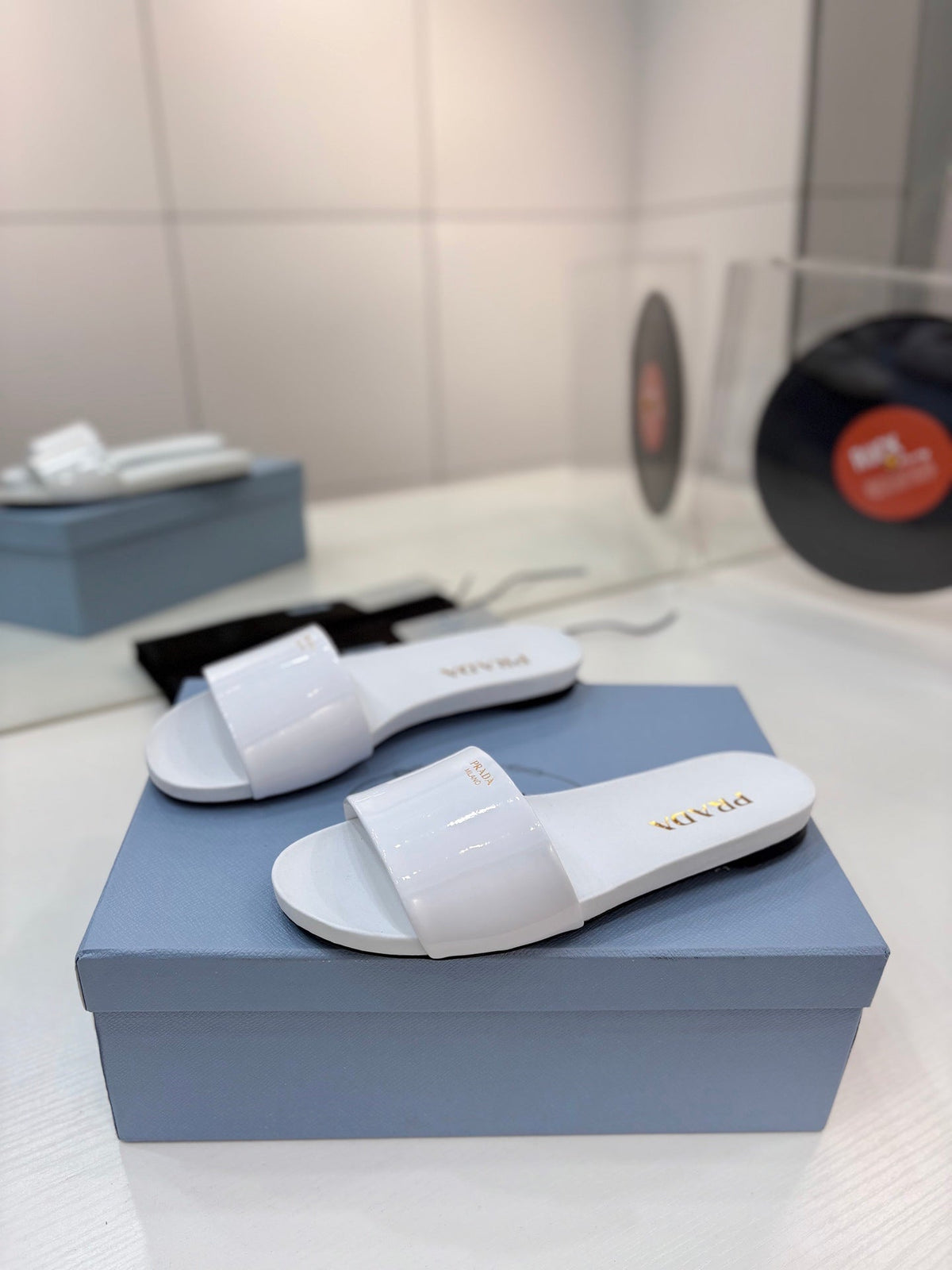 Prada Slides White Patent Leather 834597