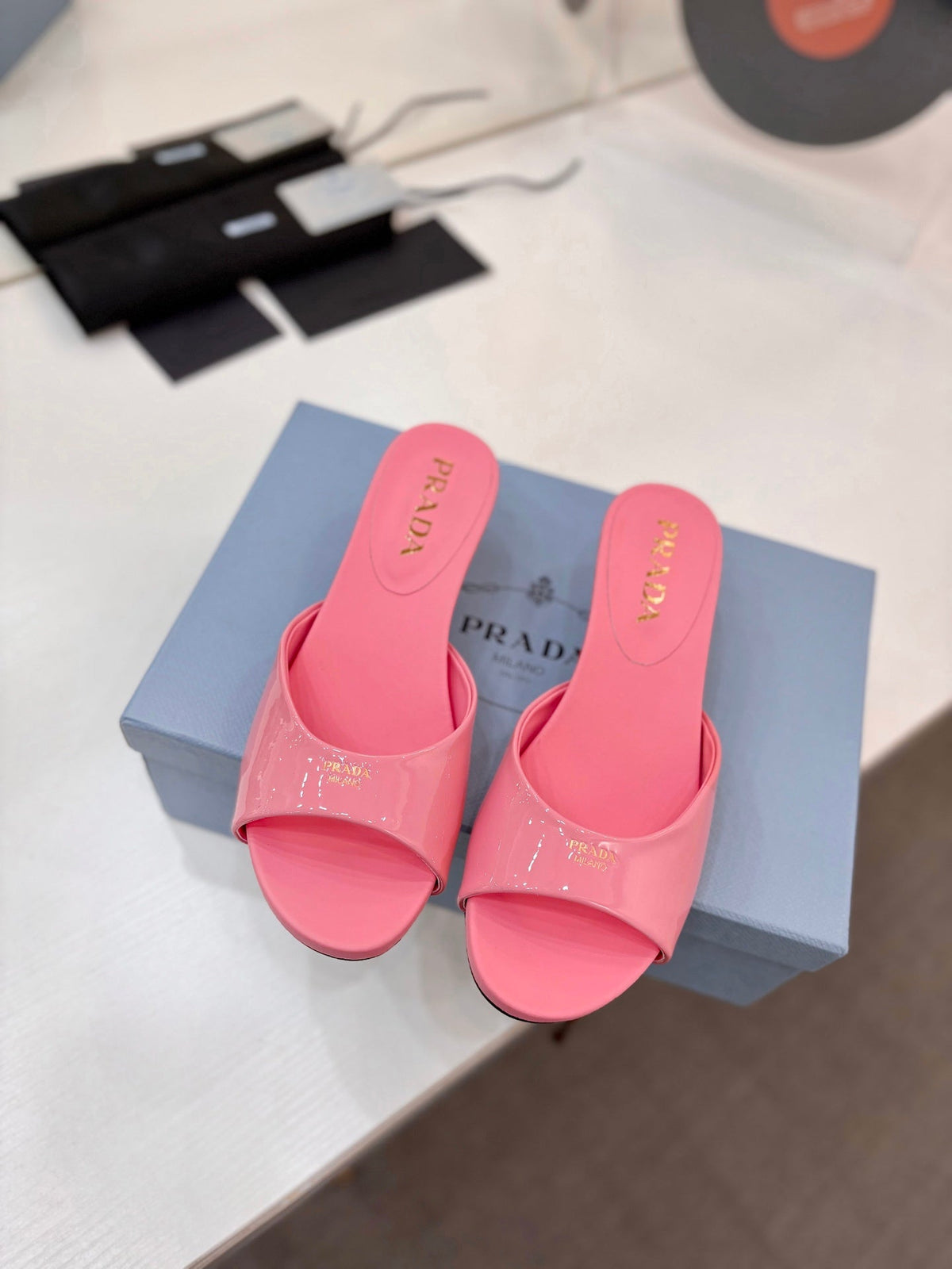 Prada Kitten Heel Sandals 4cm Pink Patent Leather 834582