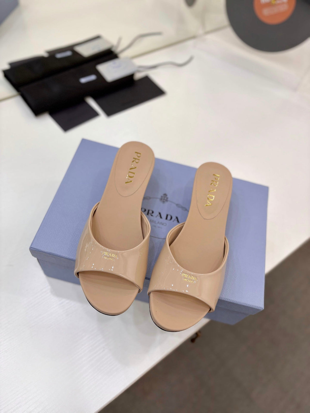 Prada Kitten Heel Sandals 4cm Beige Patent Leather 834583