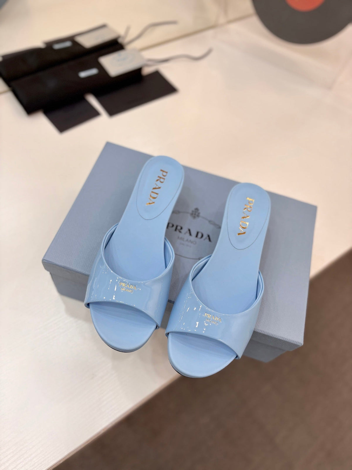 Prada Kitten Heel Sandals 4cm Light Blue Patent Leather 834599