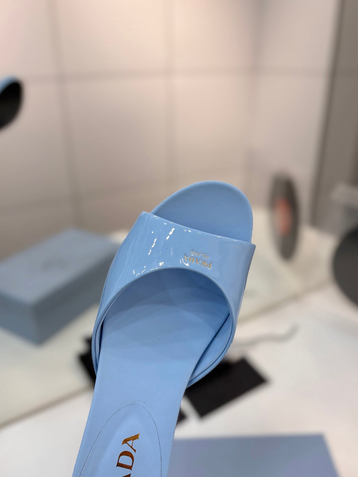 Prada Kitten Heel Sandals 4cm Light Blue Patent Leather 834599