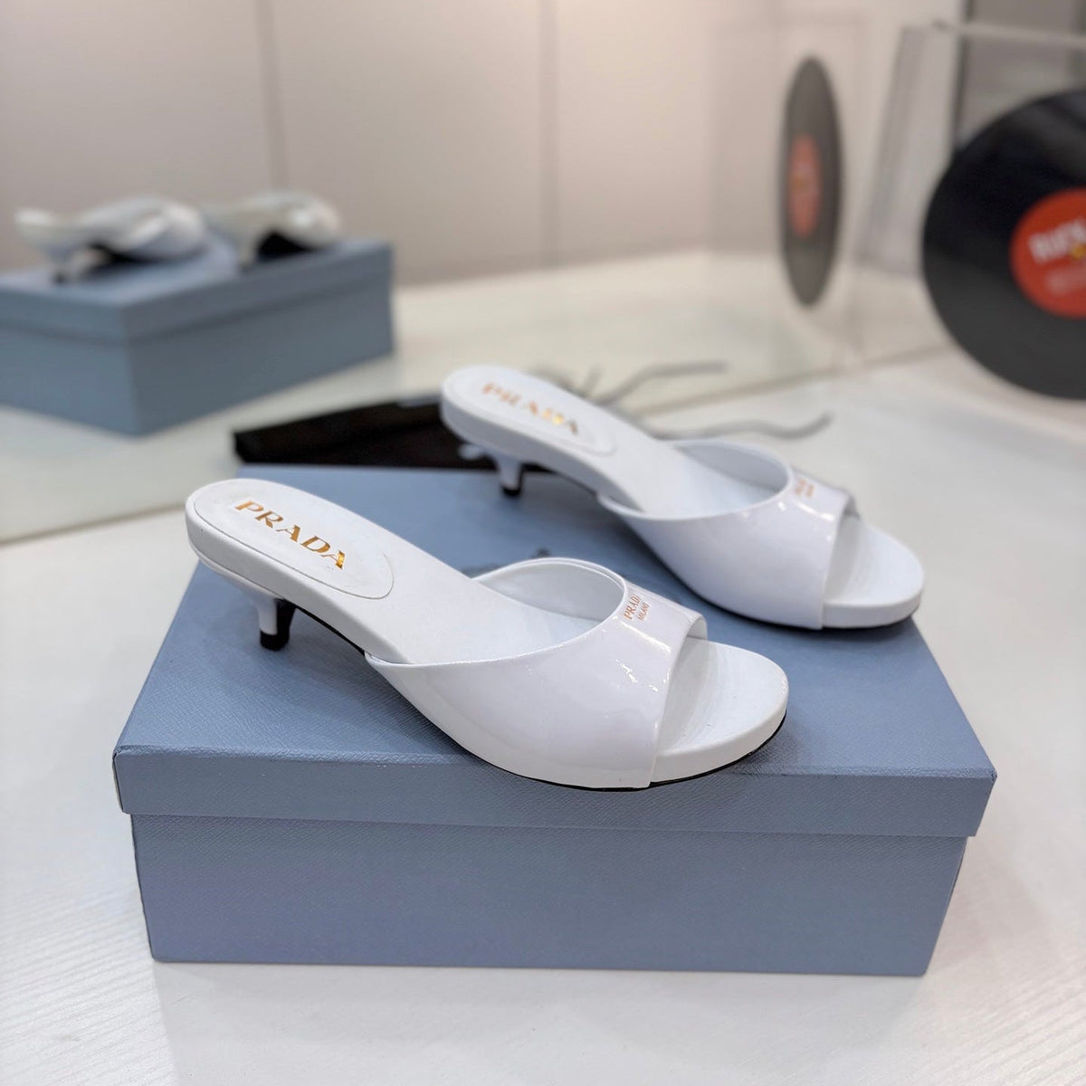 Prada Kitten Heel Sandals 4cm White Patent Leather 834600