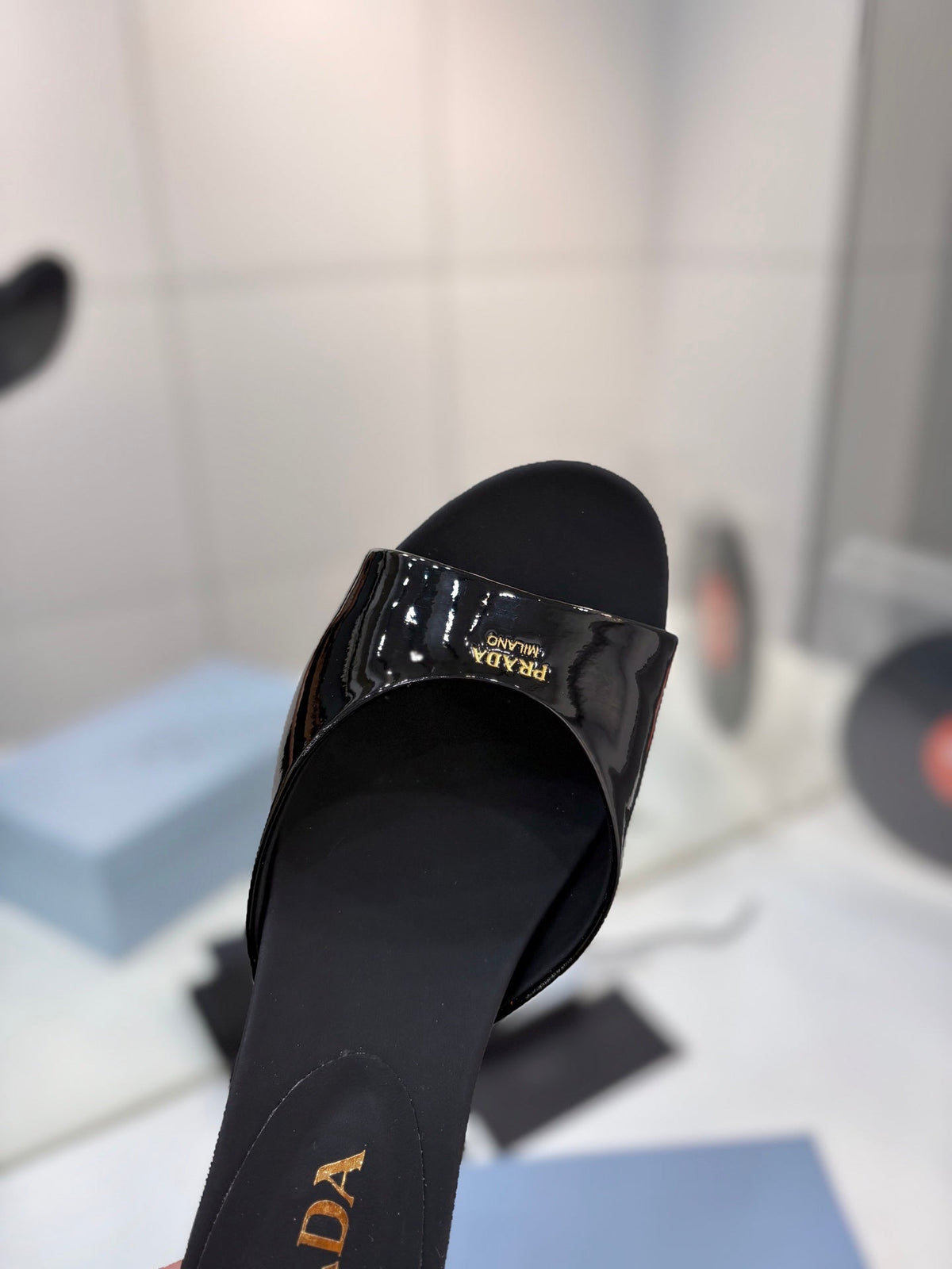 Prada Kitten Heel Sandals 4cm Black Patent Leather 834601