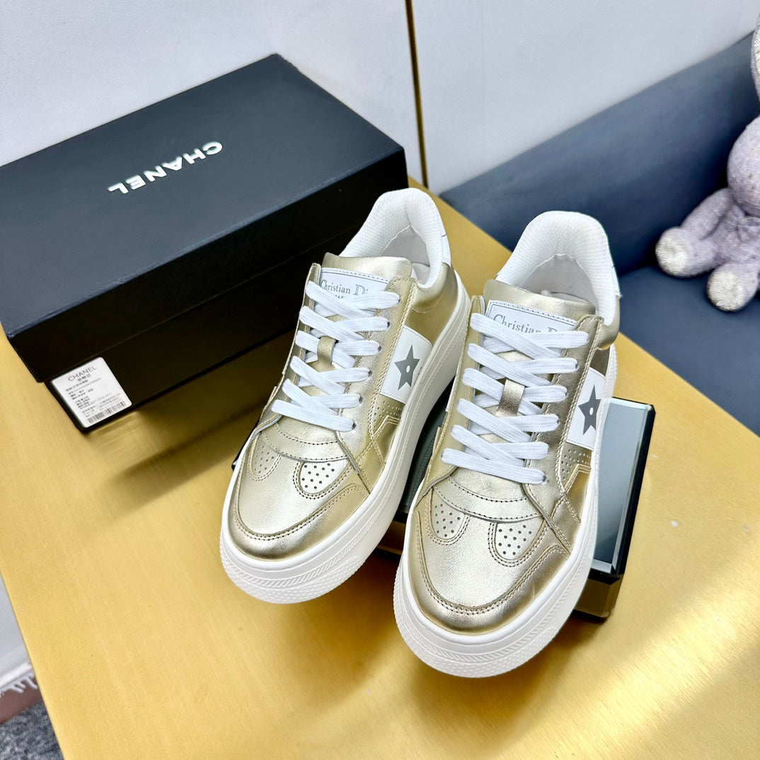 CD Star Platform Sneaker In Gold Mix White Calfskin 111092