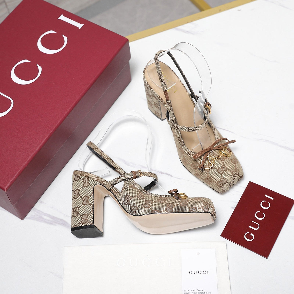 Gucci Horsebit Slingback Pumps Beige Jacquard Canvas 504425