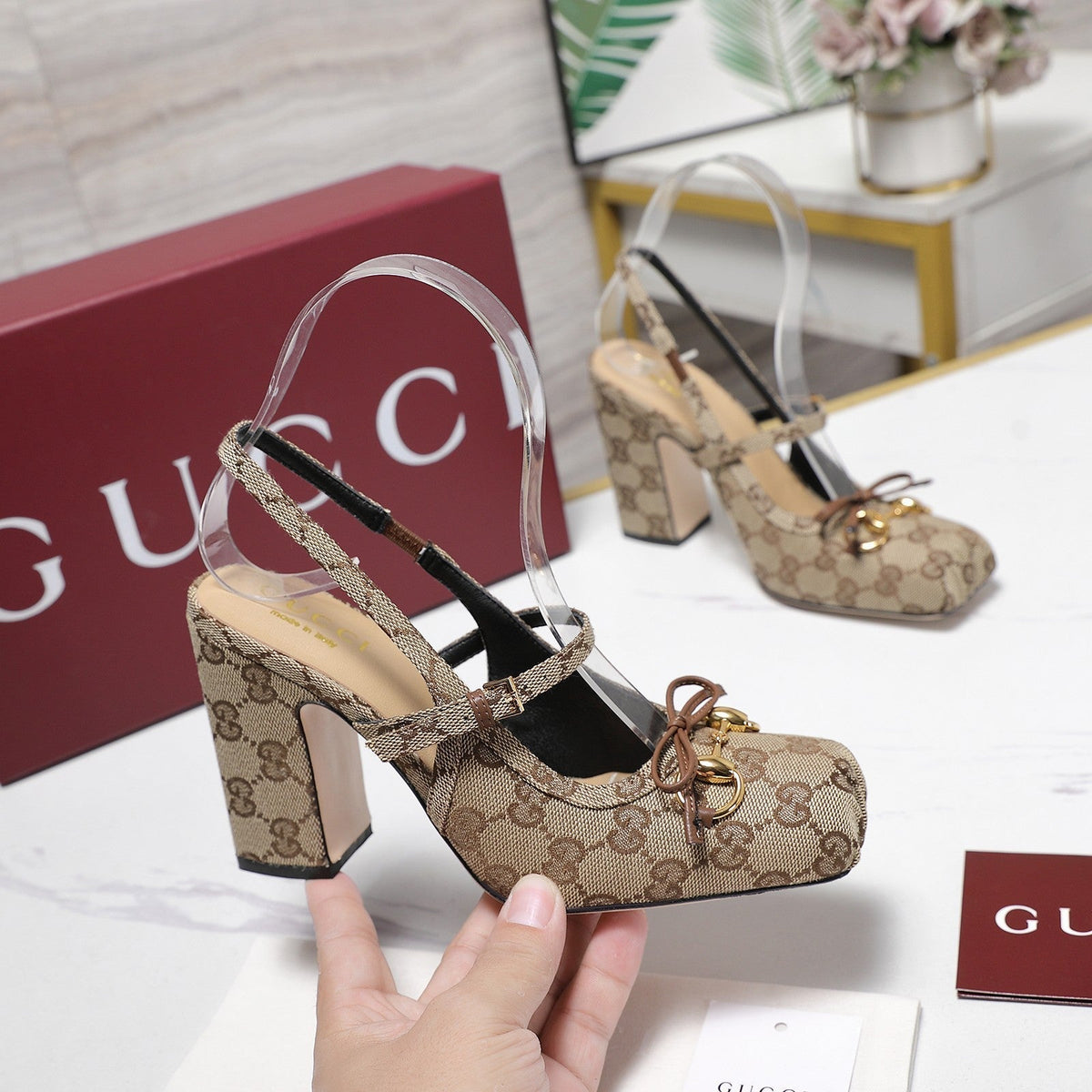 Gucci Horsebit Slingback Pumps Beige Jacquard Canvas 504425