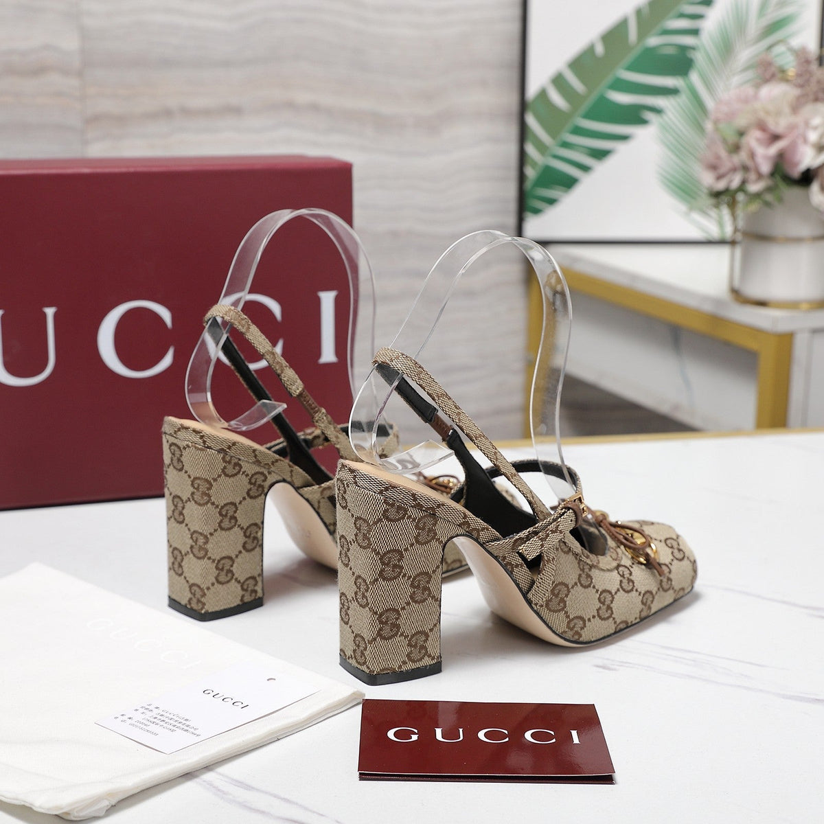 Gucci Horsebit Slingback Pumps Beige Jacquard Canvas 504425