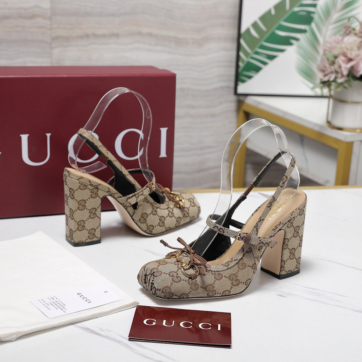 Gucci Horsebit Slingback Pumps Beige Jacquard Canvas 504425