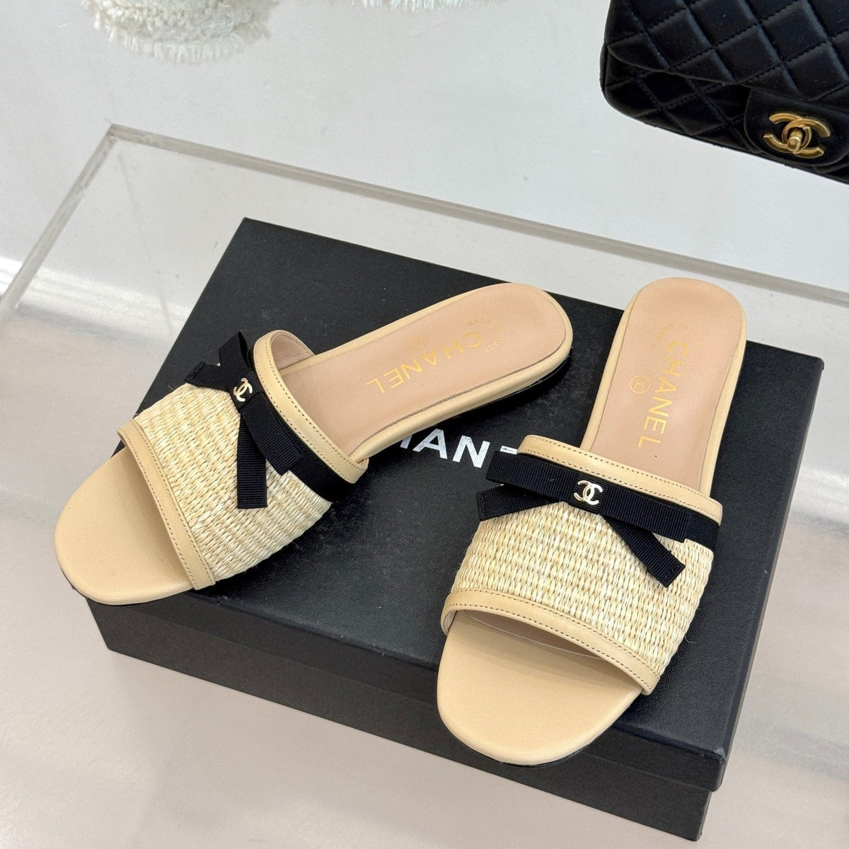 CC 26S Double C Bow Braid Slippers Beige Sheepskin Woven 717781