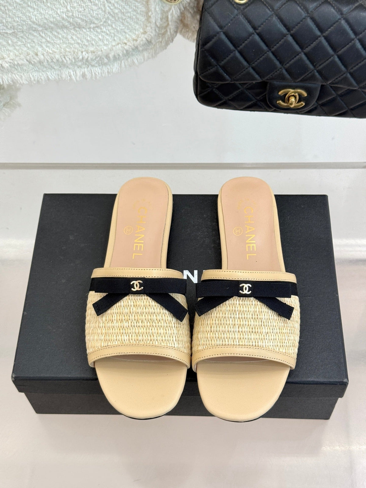 CC 26S Double C Bow Braid Slippers Beige Sheepskin Woven 717781