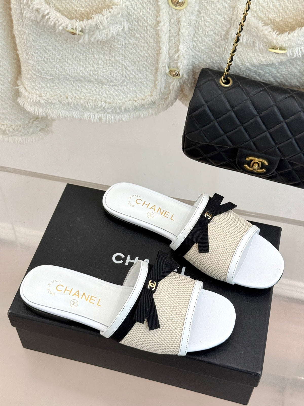 CC 26S Double C Bow Braid Slippers White Sheepskin Woven 717782