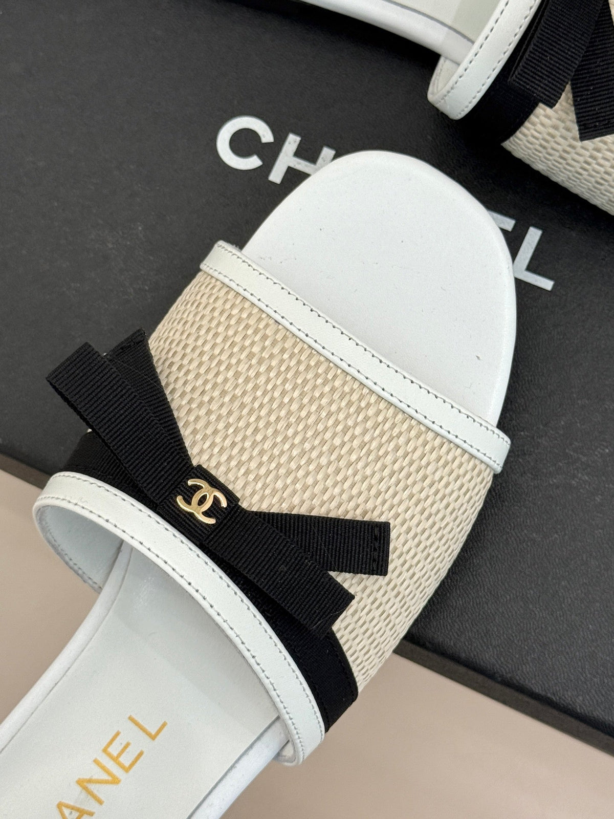 CC 26S Double C Bow Braid Slippers White Sheepskin Woven 717782