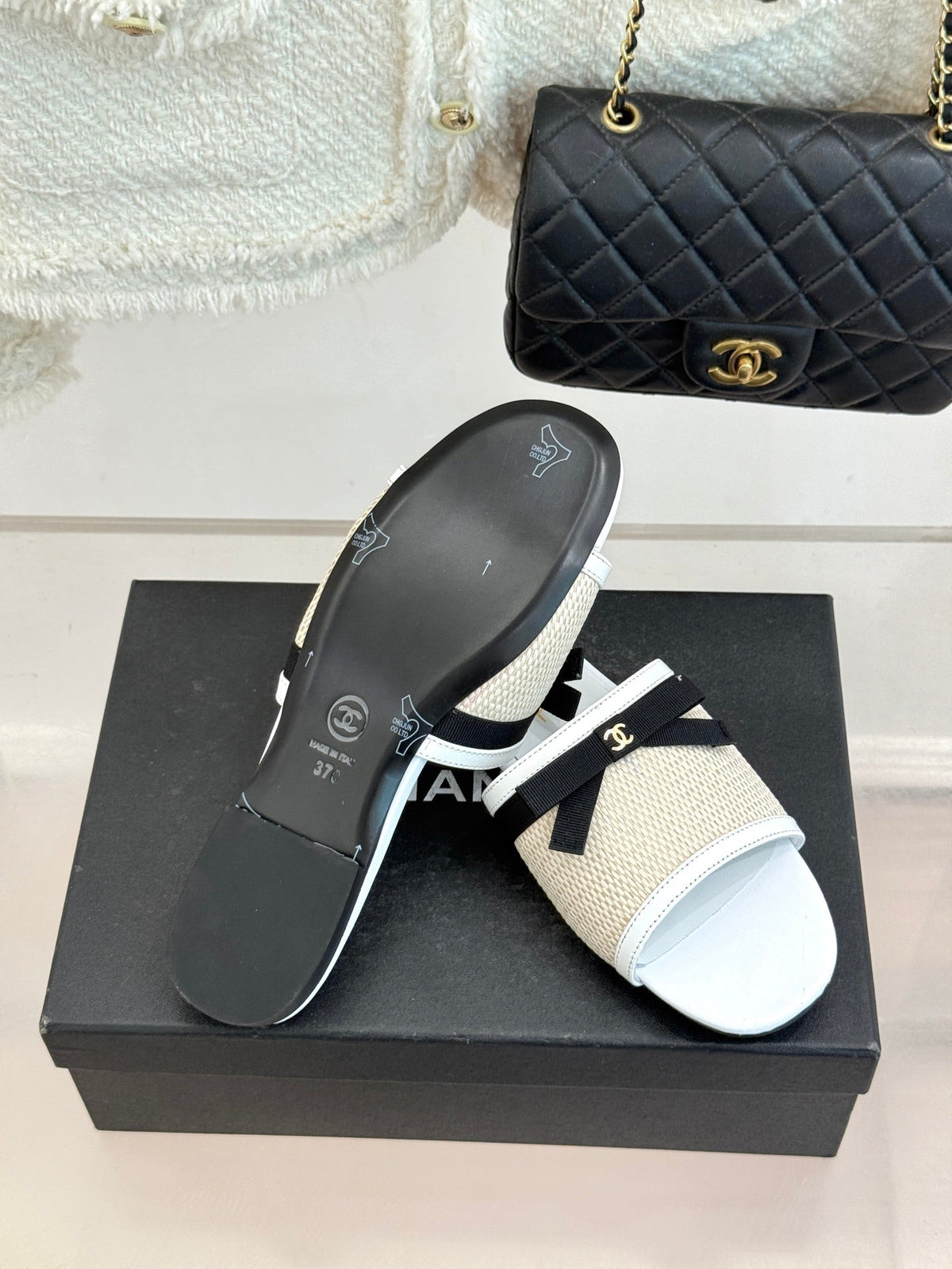 CC 26S Double C Bow Braid Slippers White Sheepskin Woven 717782
