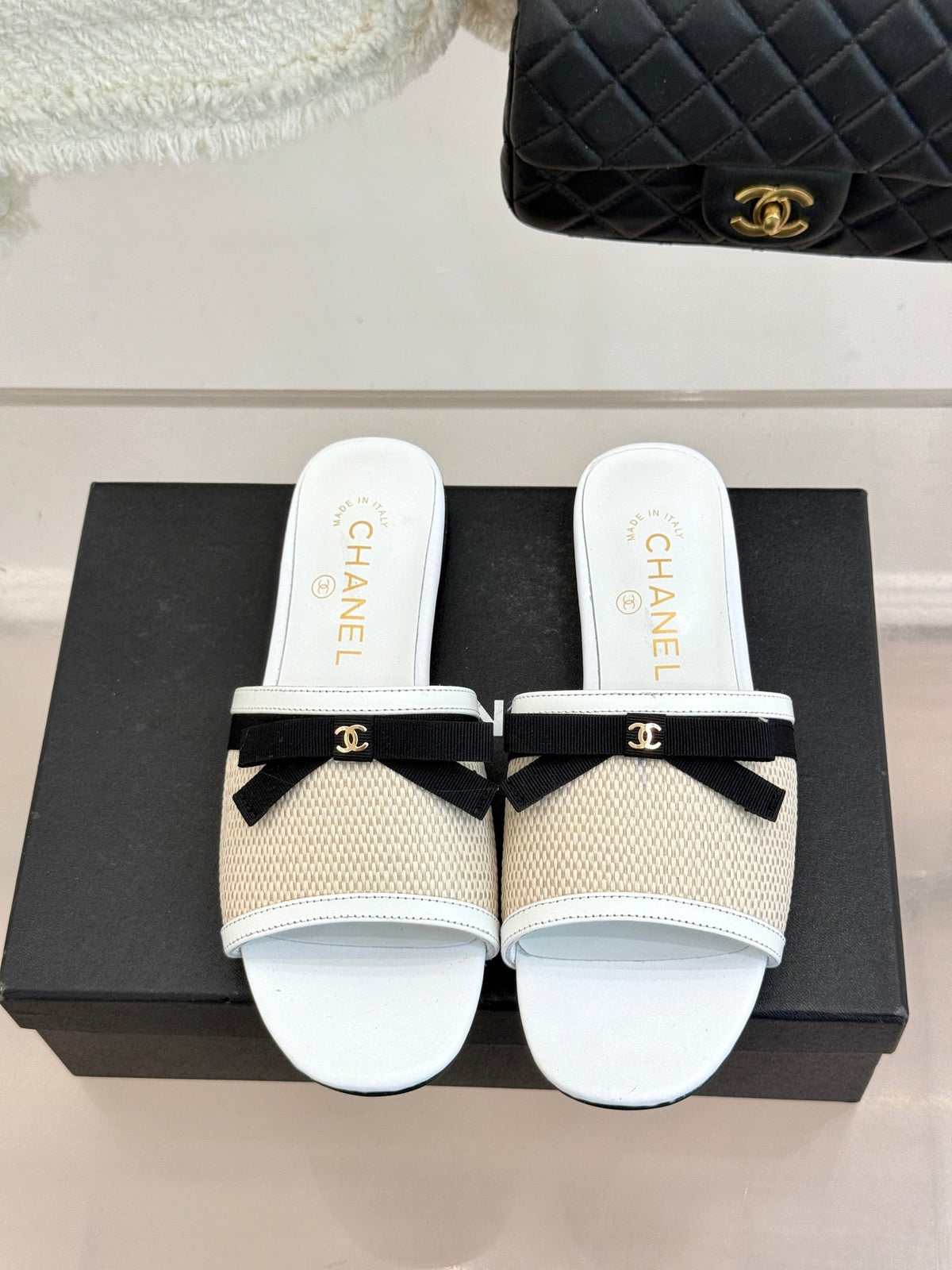CC 26S Double C Bow Braid Slippers White Sheepskin Woven 717782