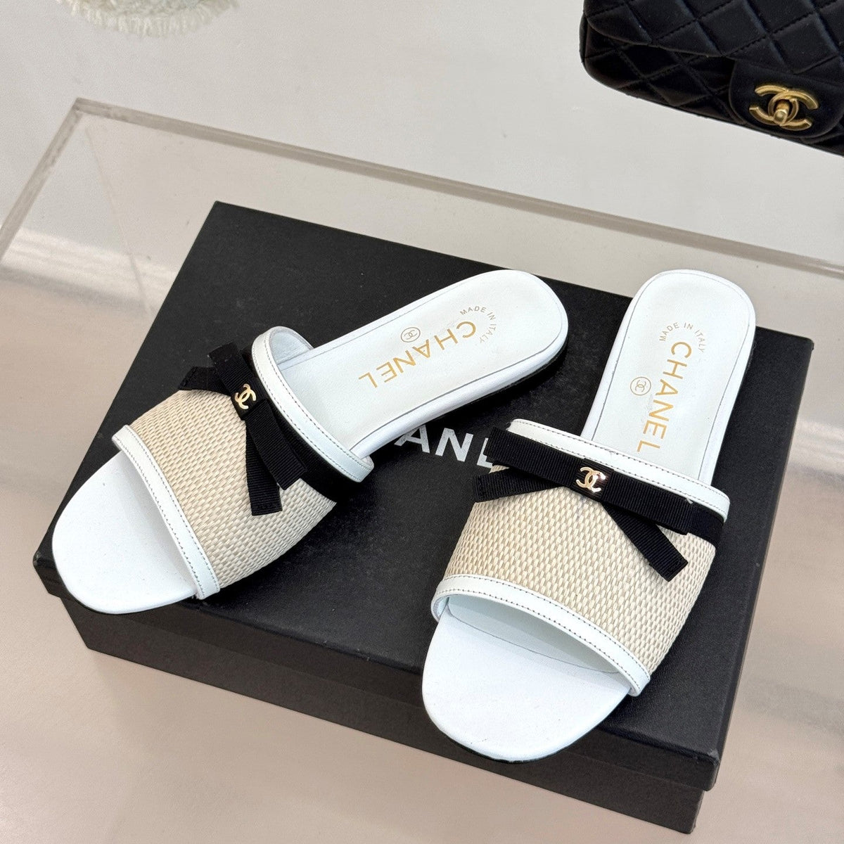CC 26S Double C Bow Braid Slippers White Sheepskin Woven 717782