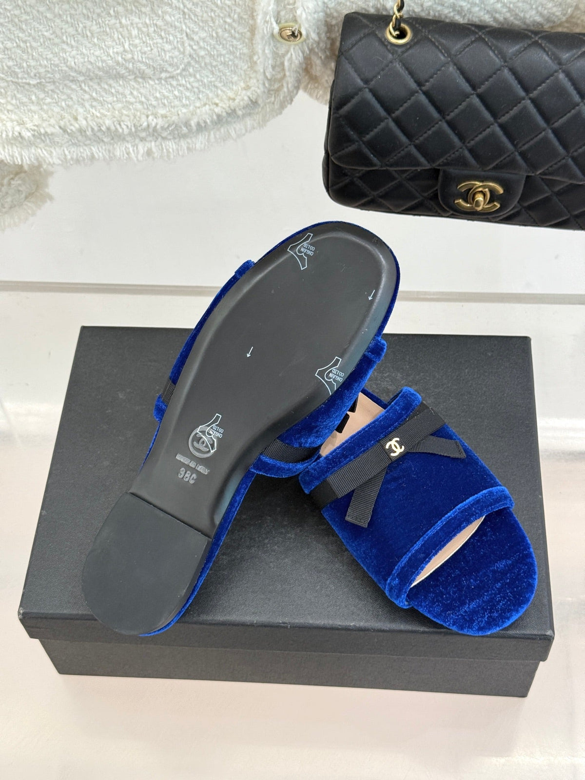 CC 26S Double C Bow Braid Slippers Blue Velvet 717787