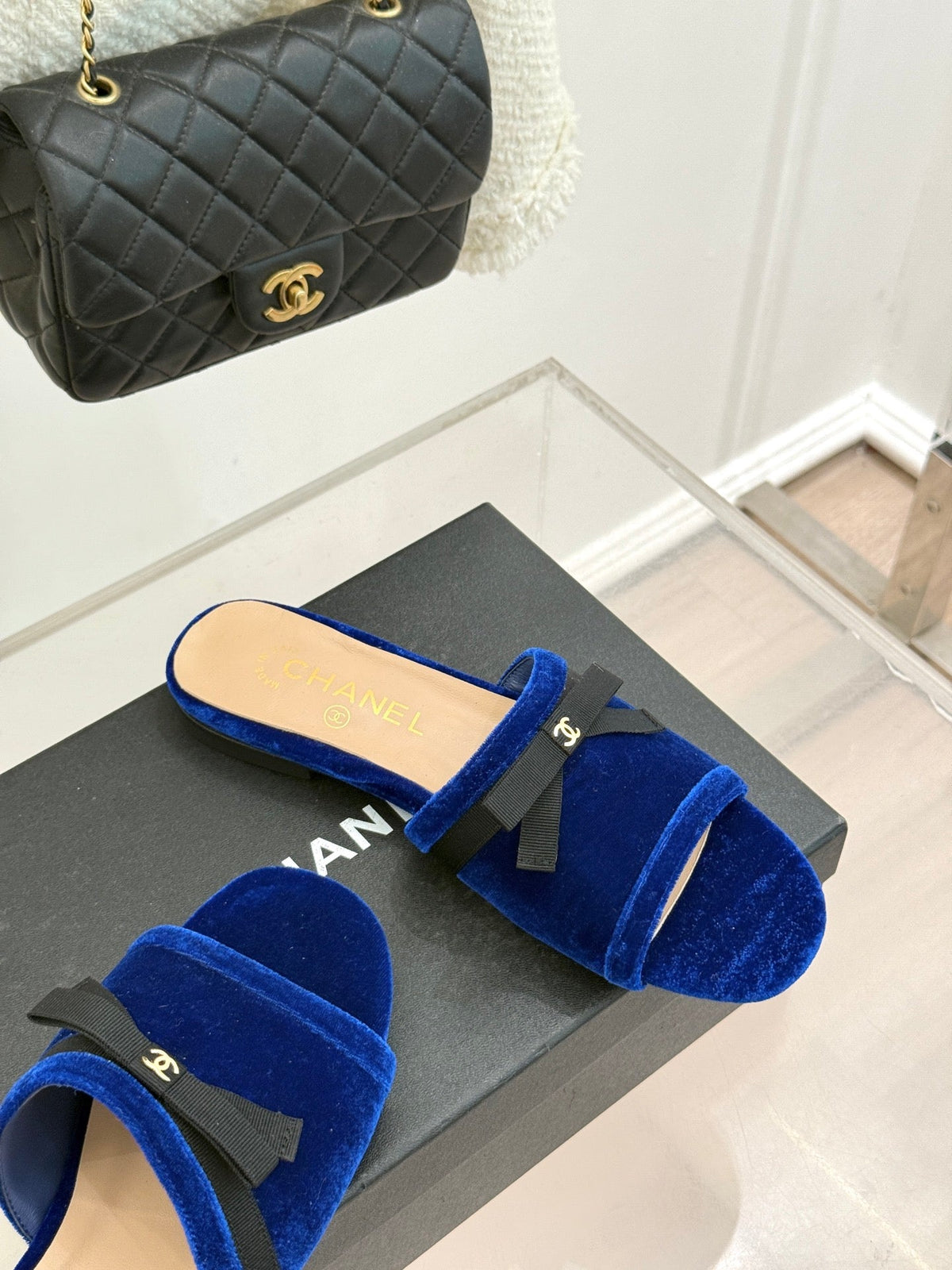 CC 26S Double C Bow Braid Slippers Blue Velvet 717787