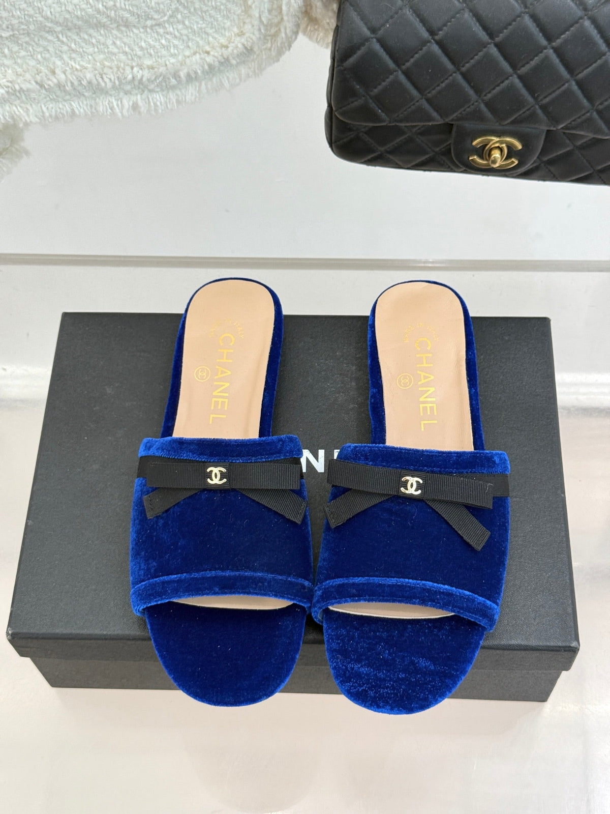 CC 26S Double C Bow Braid Slippers Blue Velvet 717787