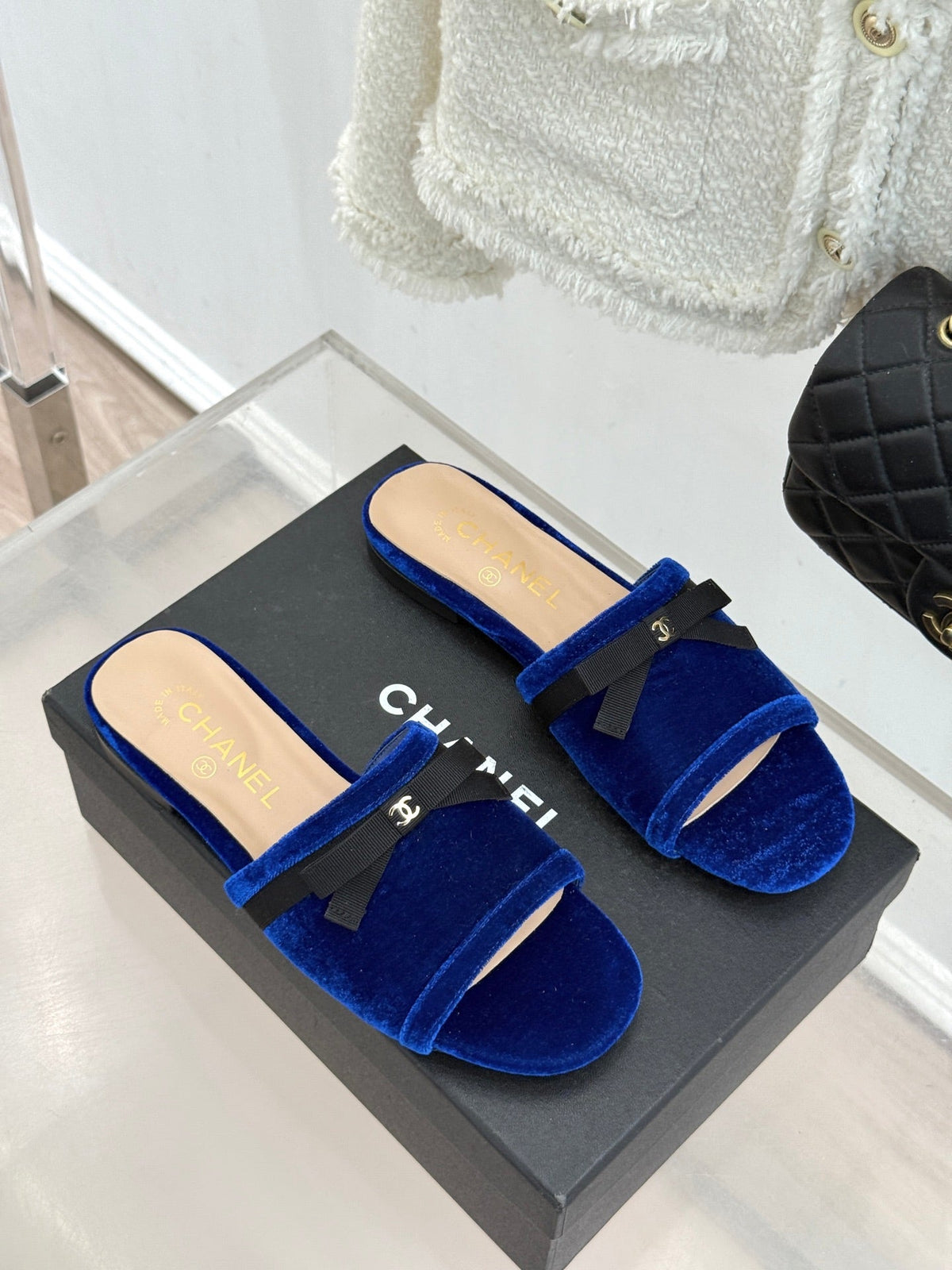 CC 26S Double C Bow Braid Slippers Blue Velvet 717787