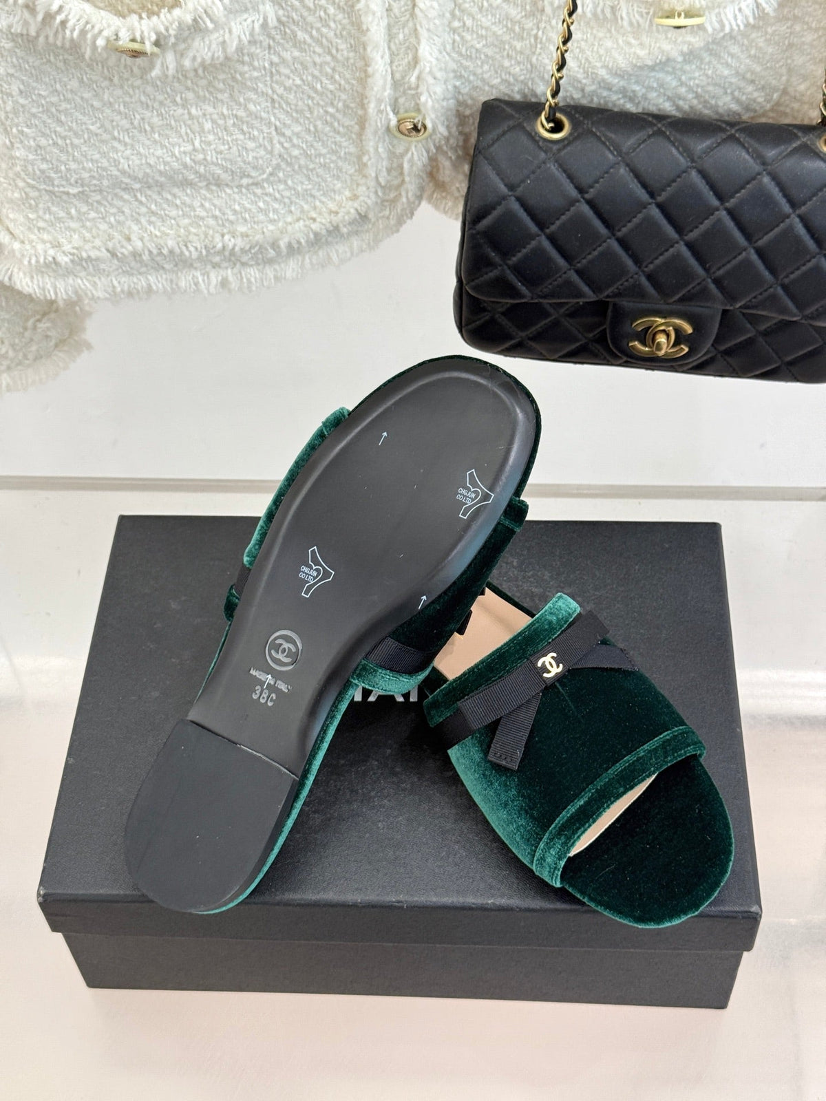 CC 26S Double C Bow Braid Slippers Teal Green Velvet 717789