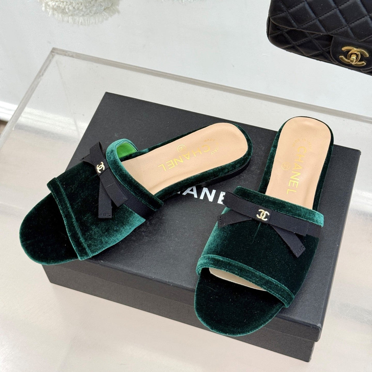 CC 26S Double C Bow Braid Slippers Teal Green Velvet 717789