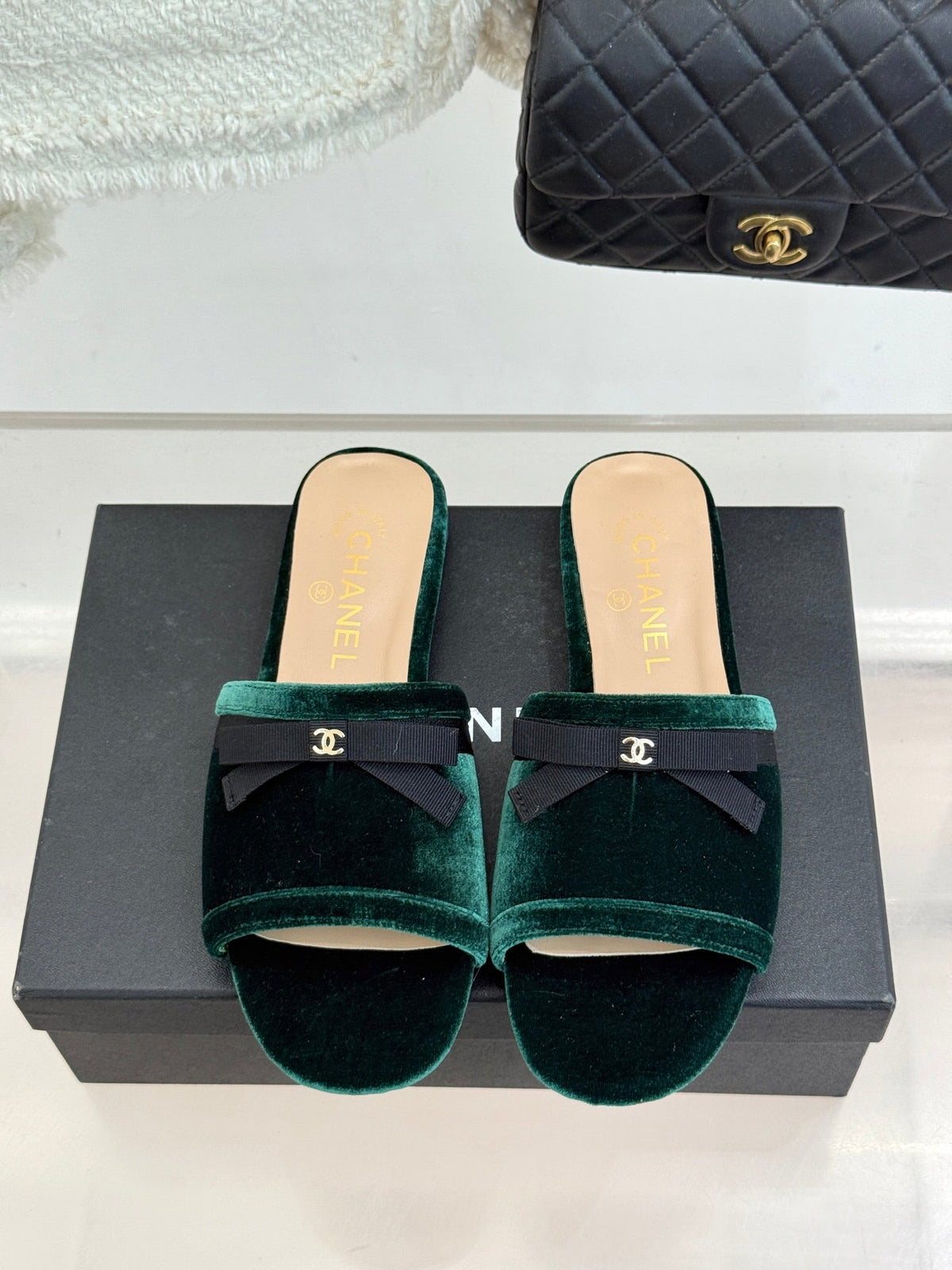 CC 26S Double C Bow Braid Slippers Teal Green Velvet 717789
