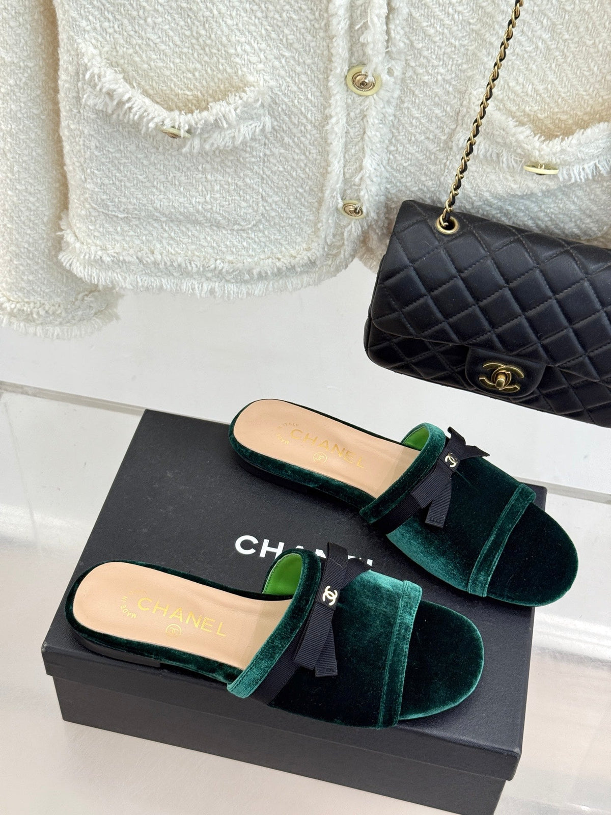 CC 26S Double C Bow Braid Slippers Teal Green Velvet 717789