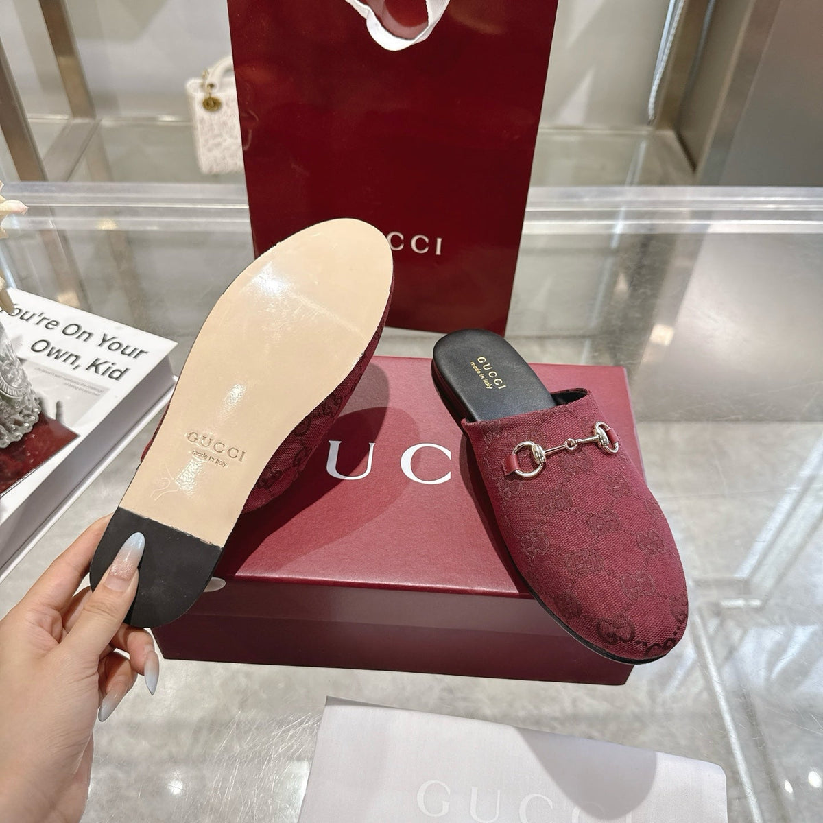 GG 26s Mule With Horsebit Burgundy Canvas 664805