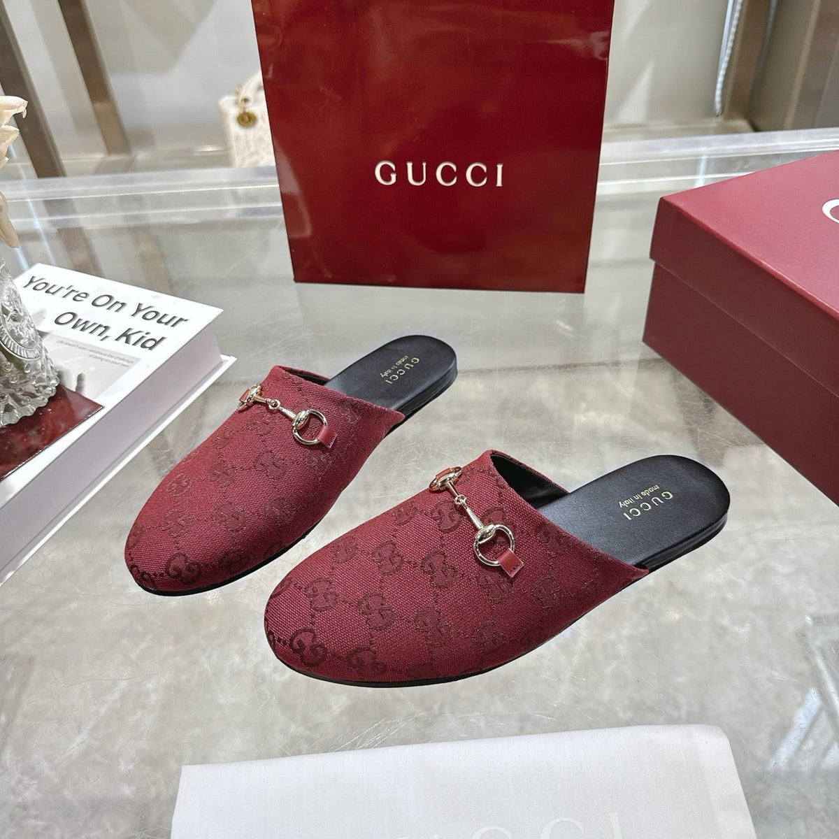 GG 26s Mule With Horsebit Burgundy Canvas 664805