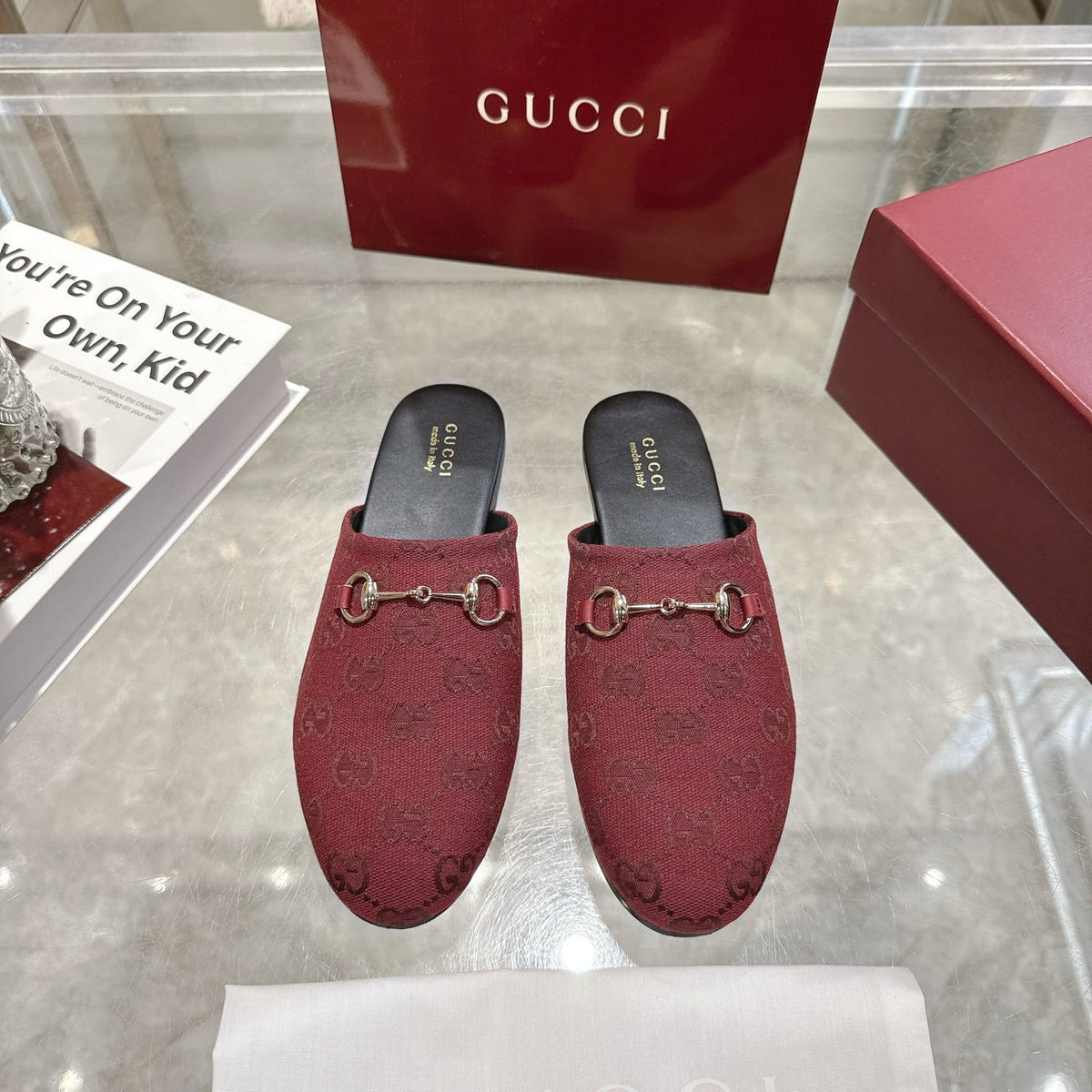 GG 26s Mule With Horsebit Burgundy Canvas 664805