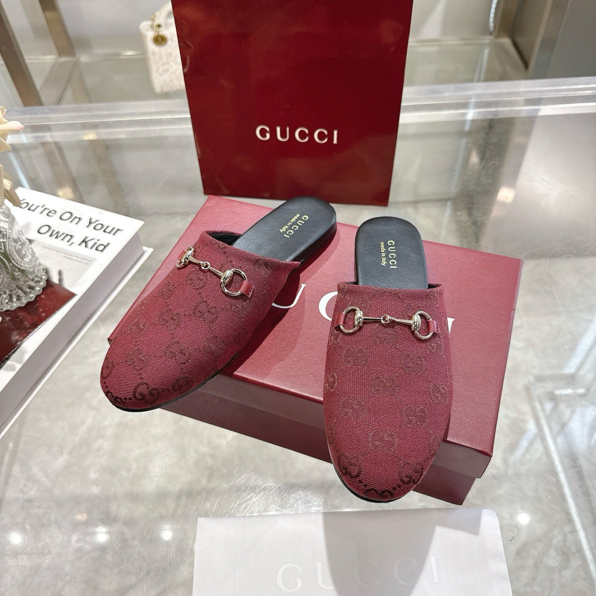 GG 26s Mule With Horsebit Burgundy Canvas 664805