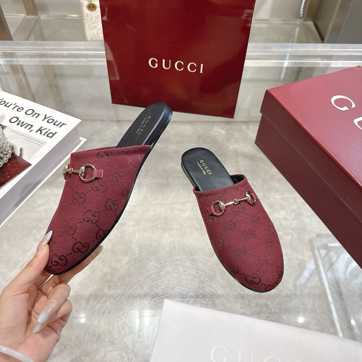 GG 26s Mule With Horsebit Burgundy Canvas 664805