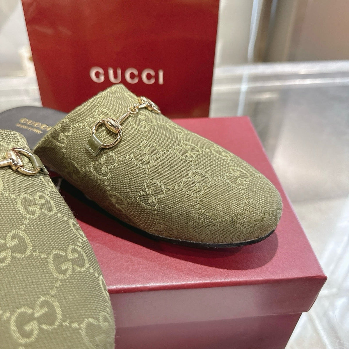 GG 26s Mule With Horsebit Olive Green Canvas 664806
