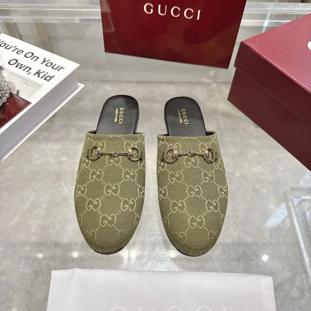 GG 26s Mule With Horsebit Olive Green Canvas 664806