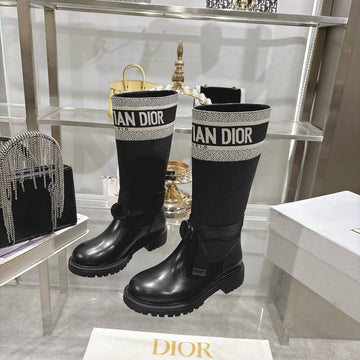 CD D-Major Boot Black Mix White Calfskin And Denim Fabric