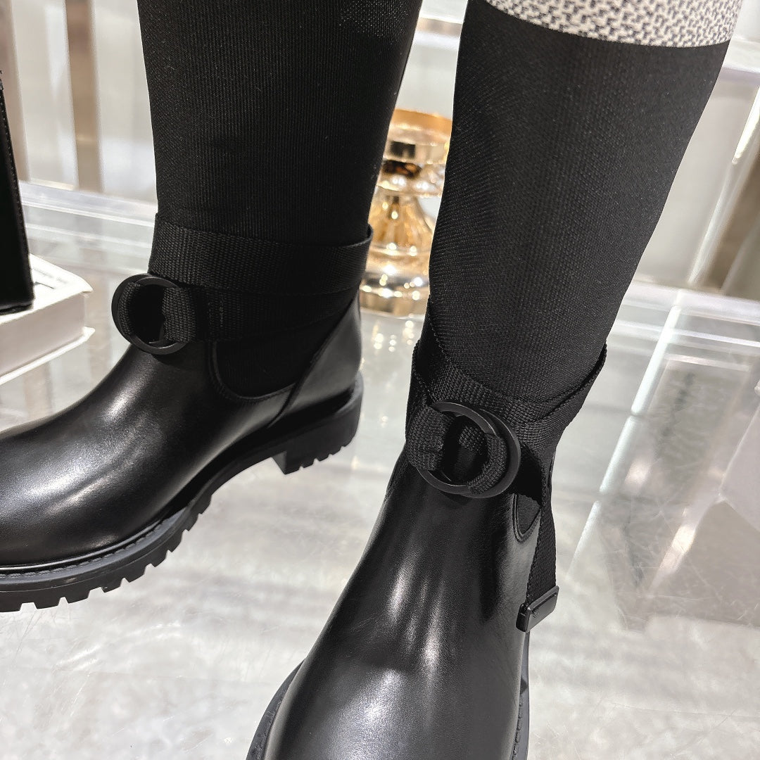 CD D-Major Boot Black Mix White Calfskin And Denim Fabric