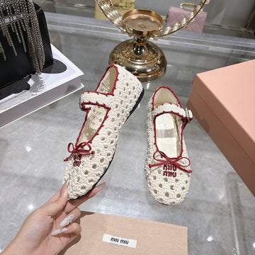 Miu Miu Crochet Ballerinas Cream Red Wool Leather 901741