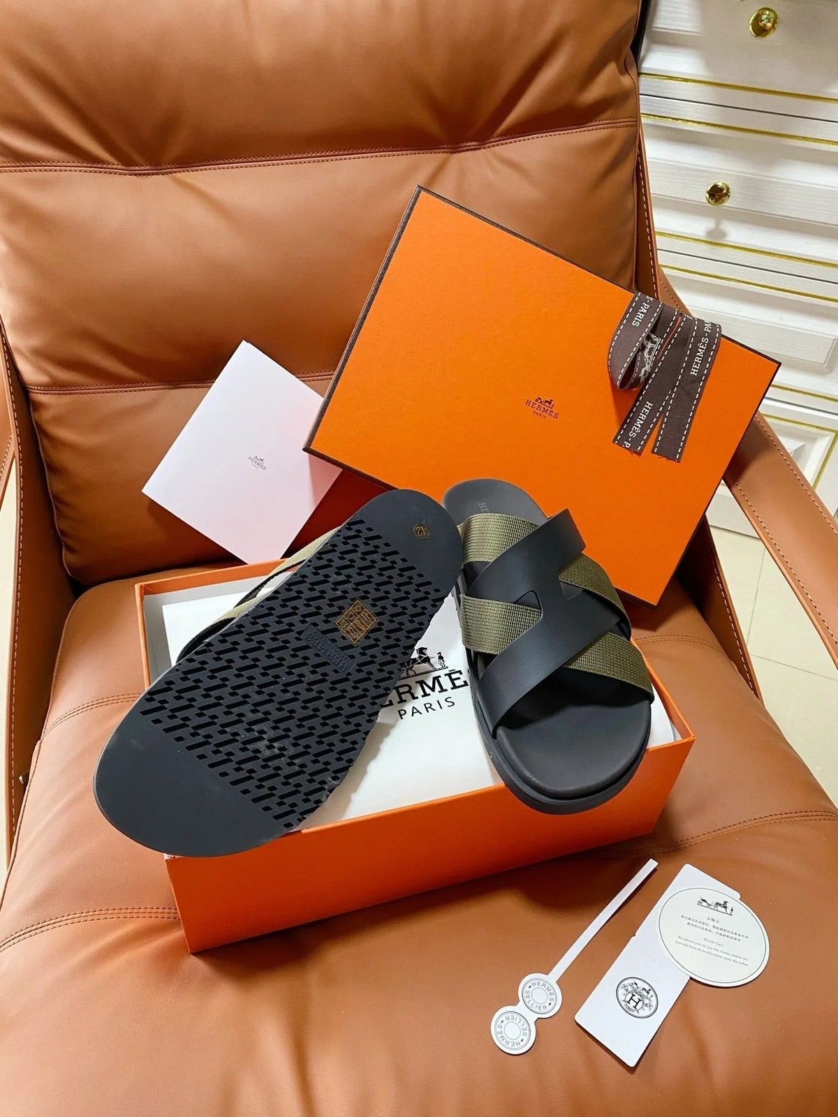 HM 2026 Cross Sandals Black Green Calfskin 667283