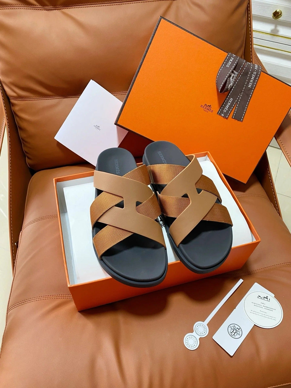 HM 2026 Cross Sandals Black Camel Brown Canvas Calfskin 667289