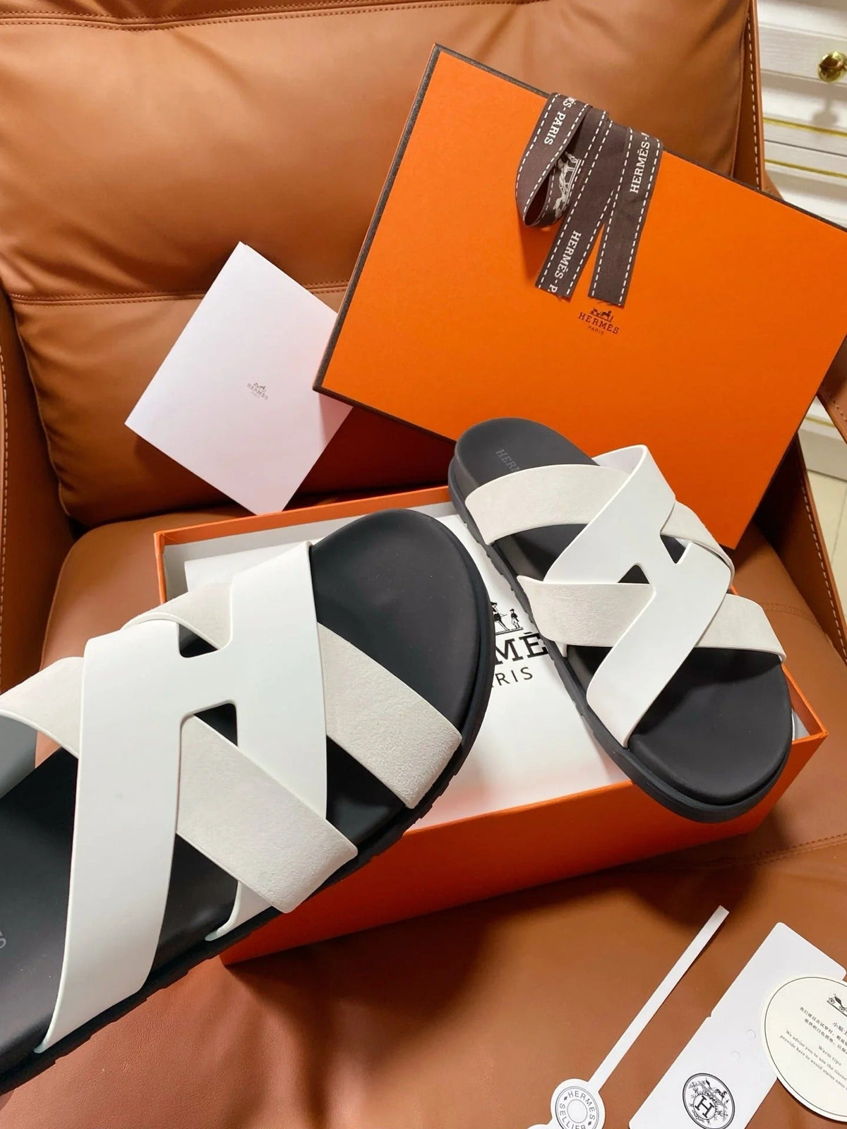 HM 2026 Cross Sandals Black White Suede Calfskin 667294
