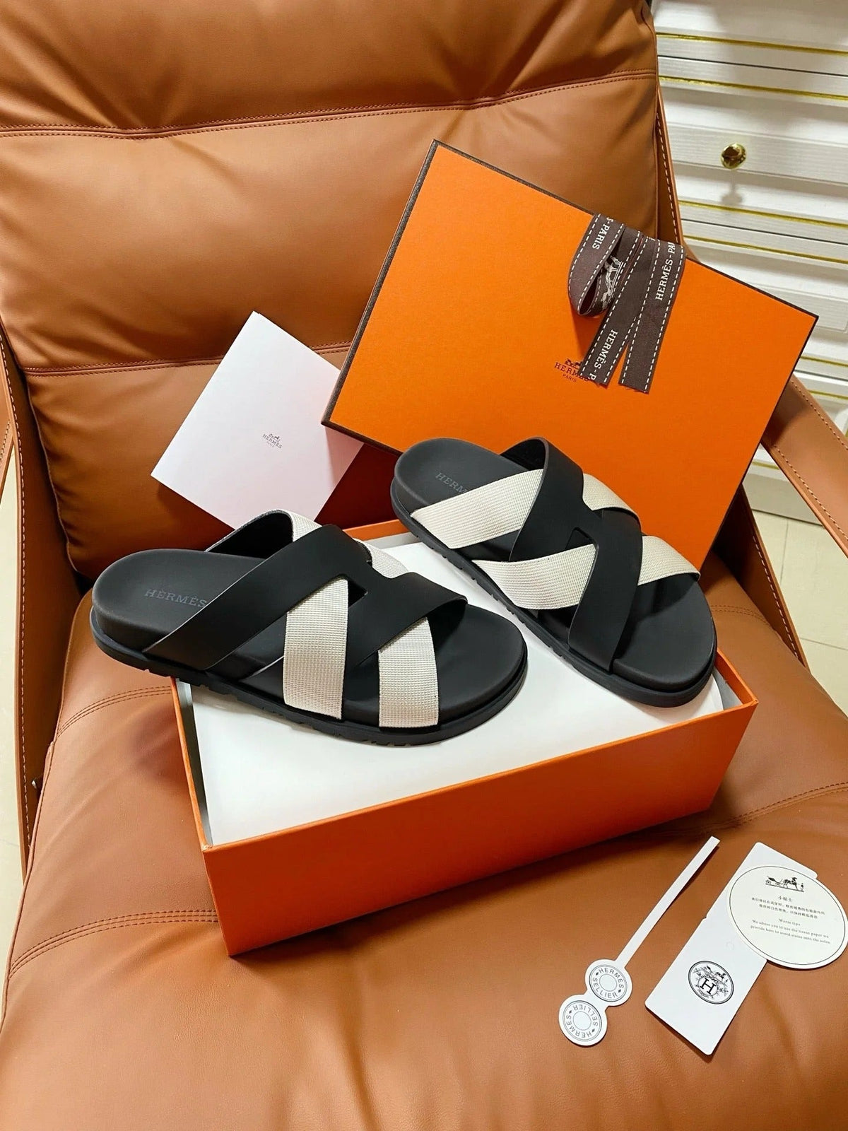 HM 2026 Cross Sandals Black White Canvas Calfskin 667286