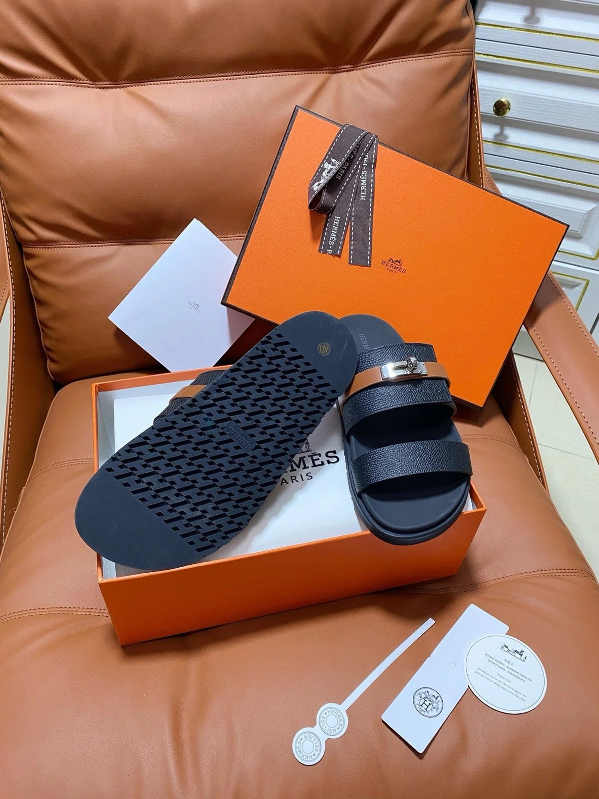 HM 2026 Velcro Sandals Black Cowhide Brown Belt 663785