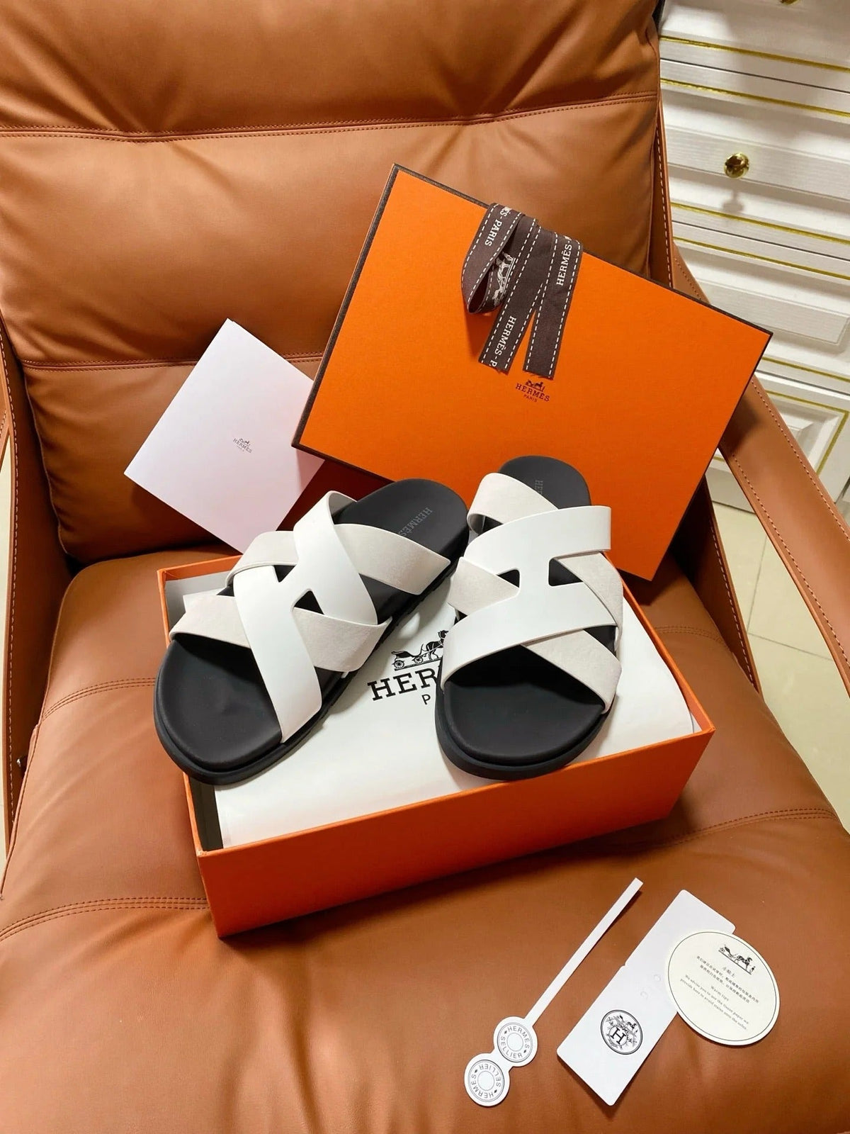HM 2026 Cross Sandals Black White Suede Calfskin 667294