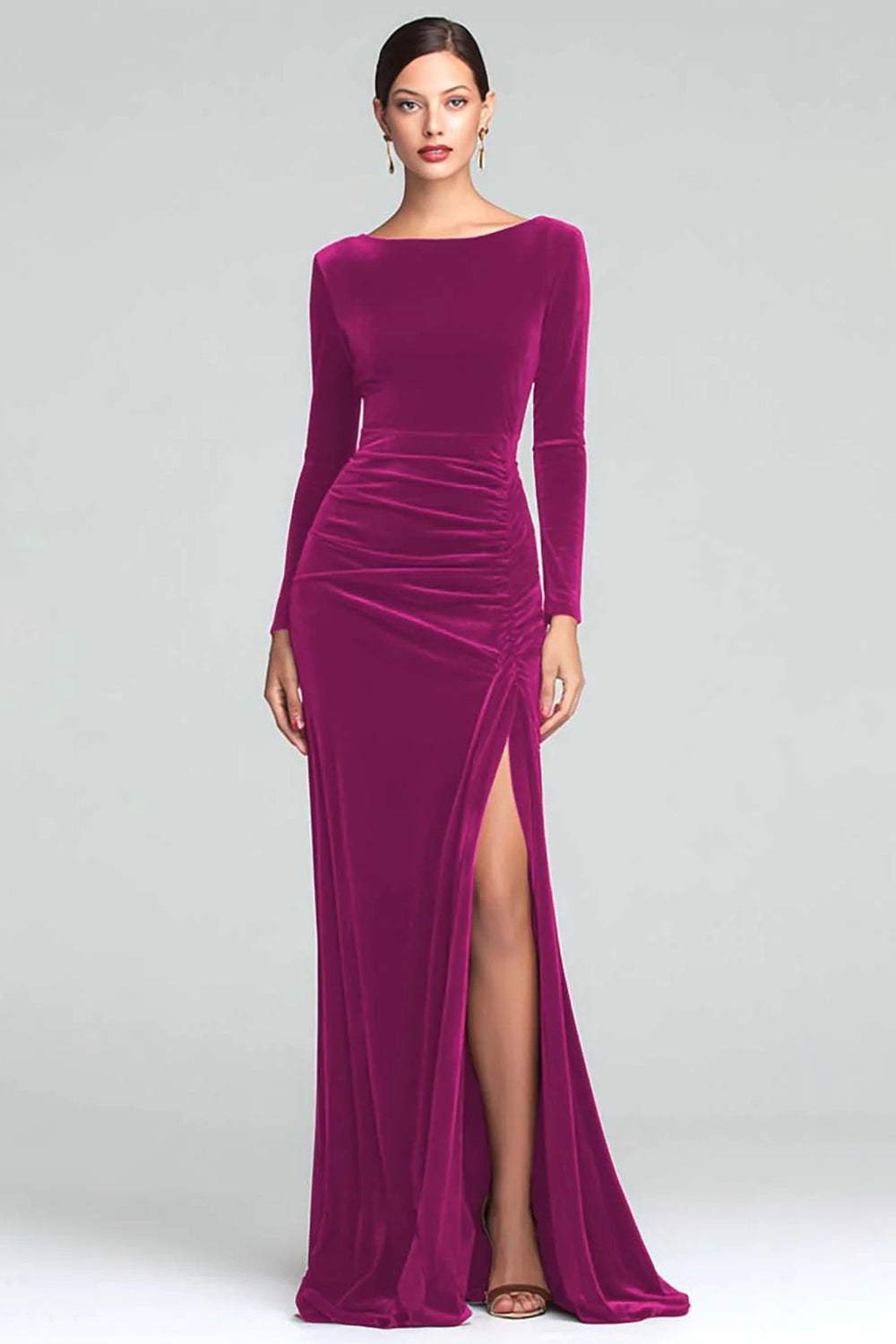 Burgundy Velvet Boat Neck Ruched Long Sleeves Holiday Party Dress