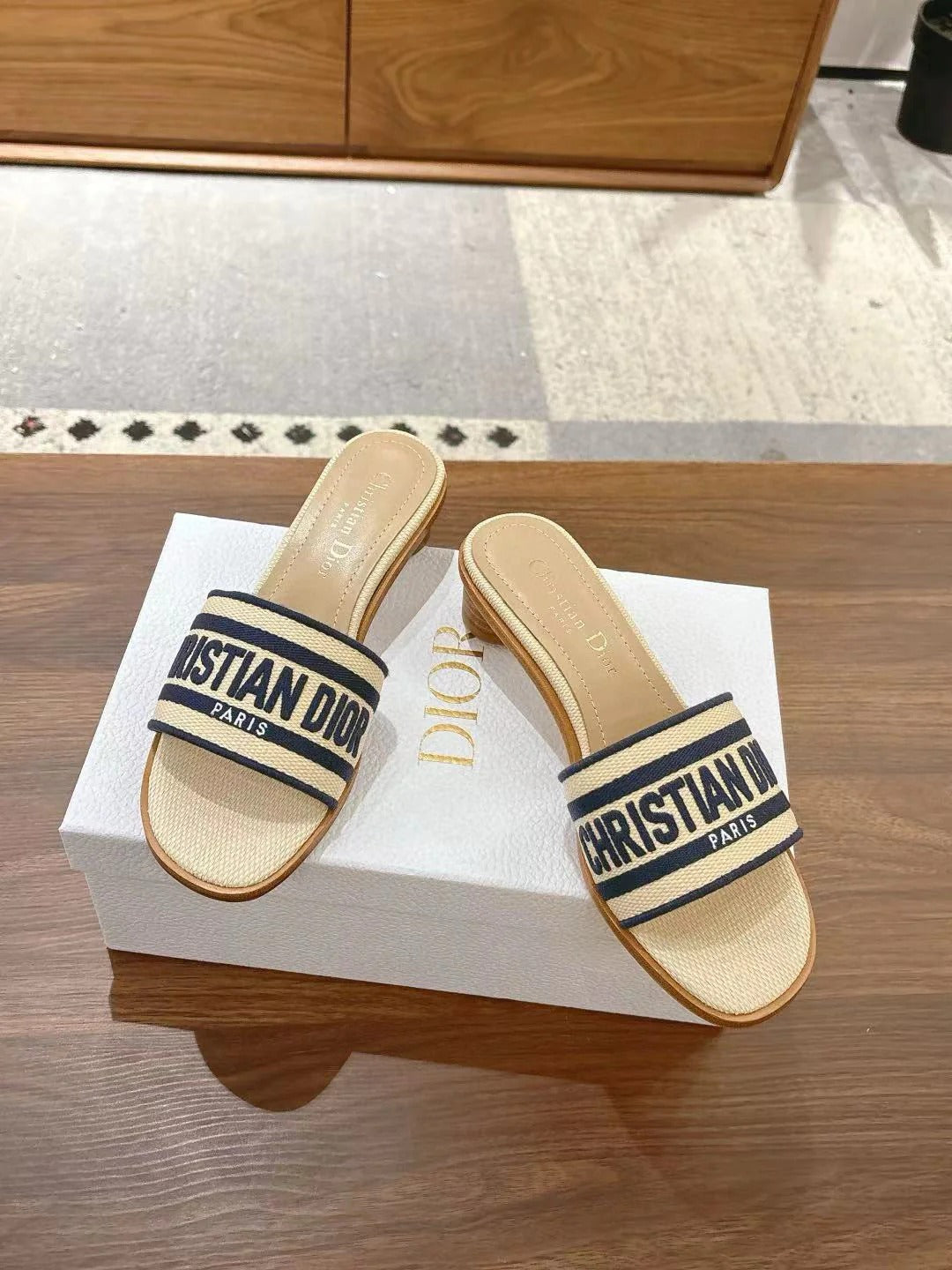 CD 26s Embroidered Sandals Beige Navy Blue Canvas Sheepskin 664321