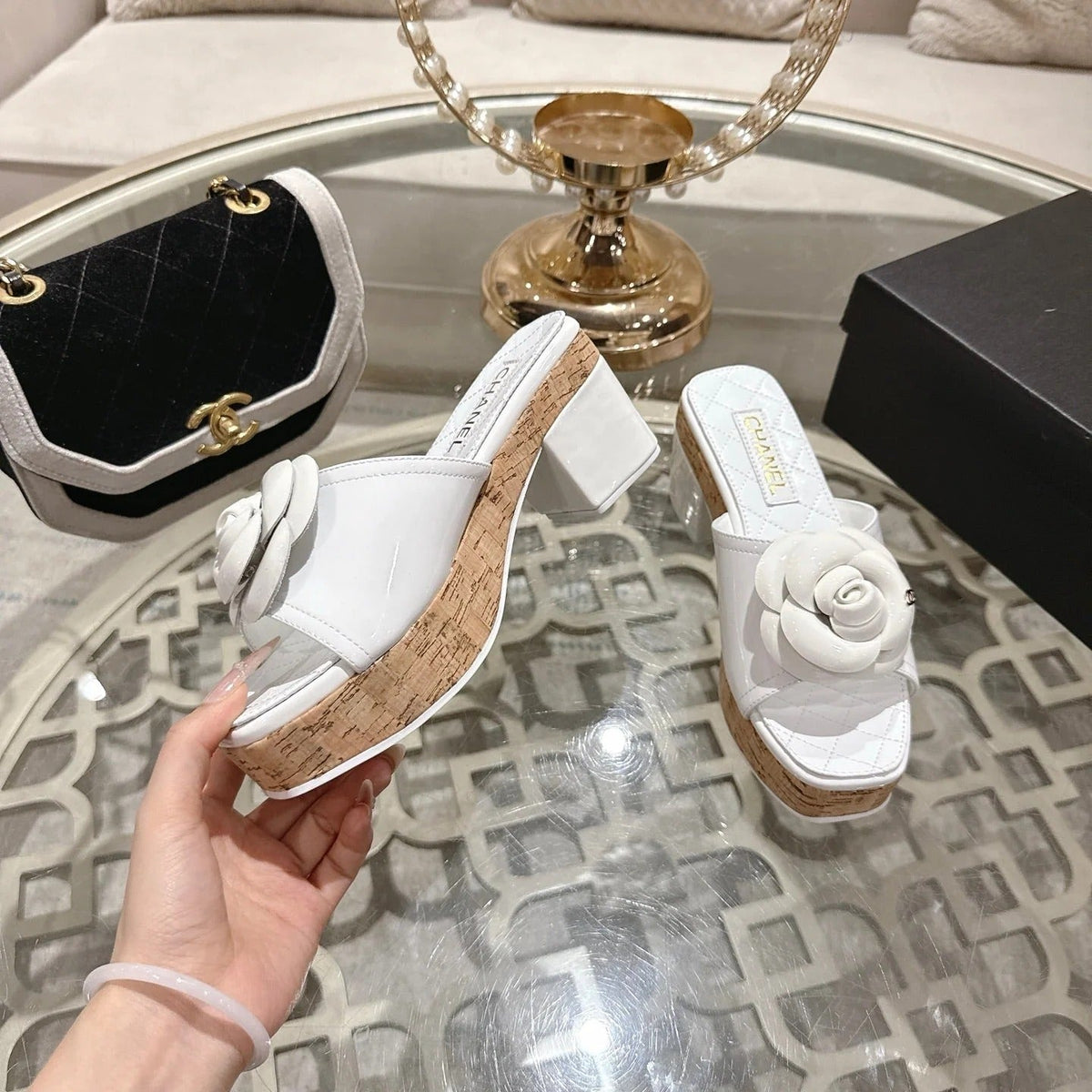 CC 26s Camellia Platform Slippers 65 White Patent Leather 627043