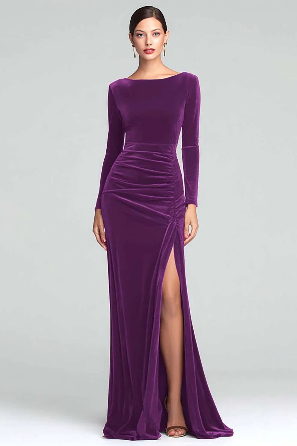 Burgundy Velvet Boat Neck Ruched Long Sleeves Holiday Party Dress