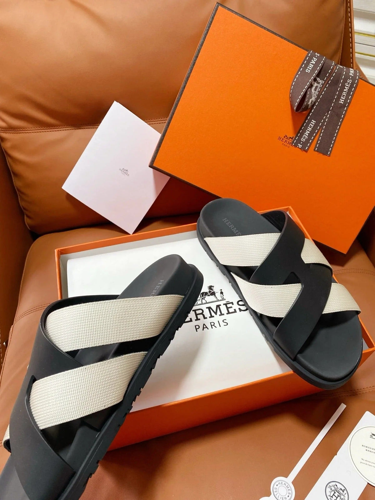 HM 2026 Cross Sandals Black White Canvas Calfskin 667286